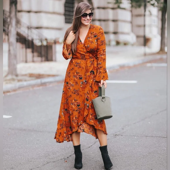 LEITH Burnt Orange Floral Wrap Dress Hi Low Rust Size 1X - Picture 6 of 9